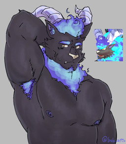 anthro armpit_fetish armpit_hair athletic black_body black_fur body_hair embarrassed fangs fire fur hair horn looking_at_viewer male mane mane_hair nipples pecs shy simple_background solo teeth white_nose yellow_eyes bibomusky palworld pocketpair blazehowl blazehowl_noct mammal pal_(species) hi_res