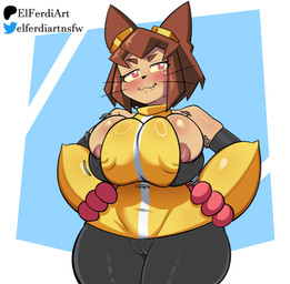 anthro big_breasts breasts brown_hair brown_nipples clothed clothing eyewear fangs female goggles hair legwear looking_at_viewer nipples red_eyes robotic robotic_arm solo teeth thick_thighs elferdiart gameoverse glitch_productions kit_bodega domestic_cat felid feline felis mammal hi_res