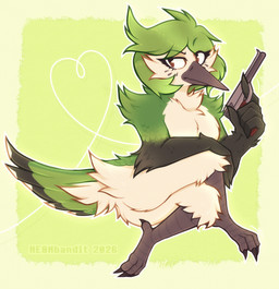 anthro beak brown_eyes feathers female green_hair gun hair nude pose ranged_weapon solo weapon white_body white_feathers ne0nbandit pinni_farina_(posspowered) apodiform avian bird hummingbird hi_res pinup