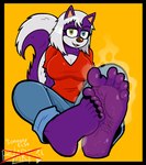 5_toes anthro big_breasts black_nails black_toenails bodily_fluids breasts cleavage clothed clothing colored_nails eyebrows feet female foot_fetish foot_focus fur hair heterochromia holidays huge_breasts humanoid_feet musk nails plantigrade purple_body purple_fur raised_eyebrow sitting sitting_on_ground smelly smelly_feet soles solo stink_fumes stink_lines sweat sweaty_feet toenails toes white_hair wrinkled_feet wrinkles blarf022 april_fools'_day mike_and_melissa melissa_mouffette mammal mephitid skunk 2023 absurd_res hi_res