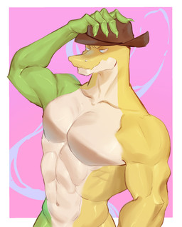 abs adjusting_hat anthro candy clothing cowboy_hat dessert food green_body hat hat_only headgear headgear_only headwear headwear_only male mostly_nude muscular muscular_anthro muscular_arms muscular_male navel obliques pecs simple_background solo yellow_body kurooo glitch_productions the_amazing_digital_circus gummigoo_(tadc) crocodile crocodilian food_creature living_candy reptile scalie 2024 digital_media_(artwork) half-length_portrait hi_res portrait