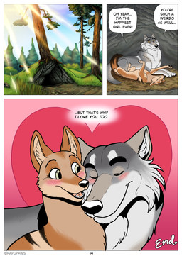 ambiguous_feral ambiguous_gender blush blush_lines dialogue duo female feral male male/female quadruped romantic speech_bubble text papupaws arne_(papupaws) ivy_(papupaws) canid canine canis coyote mammal wolf comic english_text hi_res