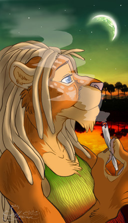 anthro blonde_hair blue_eyes cloud detailed_background dreadlocks drugs female hair marijuana moon nature night outside plant sky smile smoke solo star starry_sky stoned substance_intoxication toony tree wood hyenarussell felid lion mammal pantherine