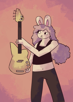 anthro bass_guitar clothed clothing female fur guitar hair musical_instrument plucked_string_instrument simple_background smile solo string_instrument thegunkster lagomorph leporid mammal rabbit absurd_res digital_media_(artwork) hi_res shaded nonbinary_(lore)