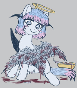 4_wings angel_costume blood_on_feathers blood_on_wings blue_body blue_eyes blue_feathers blue_hair blue_tail blush blush_stickers bowl closed_smile container dipstick_tail disguise eyebrow_through_hair eyebrows eyelashes eyelashes_through_hair fake_halo fake_wings feathered_wings feathers female female_feral feral feralized fur grey_background hair head_wings heart_pupils heart_symbol markings membrane_(anatomy) membranous_wings mouth_closed multi_wing pink_blush pink_hair_tips pink_tail_tip pointy_ears ponification prick_ears quadruped short_hair simple_background sitting slim_female slim_feral smile snout solo tail tail_markings thick_eyelashes translucent translucent_hair unusual_wing_placement white_body white_fur wings 4chan_anon unknown_artist black_souls_(game) hasbro my_little_pony lingeriena_(black_souls) equid equine horse mammal pony succubus 2023 english_description full-length_portrait portrait