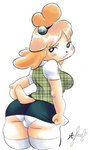 anthro big_butt bottomwear butt clothed clothing clothing_lift female fully_clothed legwear monotone_bottomwear monotone_clothing monotone_skirt raised_bottomwear raised_clothing raised_skirt skirt skirt_lift smile solo thigh_highs underwear panthera_cantus animal_crossing nintendo isabelle_(animal_crossing) canid canine canis domestic_dog mammal