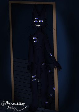 4_toes 5_fingers anthro balls big_balls big_penis black_body black_fur blue_eyes bodily_fluids doorway feet fingers foreskin fur genital_fluids genitals humanoid_genitalia humanoid_penis inside looking_at_viewer male multi_eye penis precum skinny_male smile smiling_at_viewer solo standing toes murasakine_fox shadow_hoshi_(sky_heart) demon domestic_cat felid feline felis mammal shadow_creature hi_res