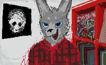 anthro blue_eyes clothing detailed_background fur grey_body grey_fur male open_mouth open_smile pattern_clothing pattern_shirt pattern_topwear plaid plaid_clothing plaid_shirt plaid_topwear poster shirt smile solo topwear demensa iron_maiden_(band) anthony_fantano lagomorph leporid mammal rabbit 2018 bust_portrait digital_media_(artwork) pixel_(artwork) portrait