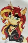 blonde_hair blue_eyes clothing collar eyeshadow female feral grey_background hair horn jacket jewelry makeup necklace red_hair simple_background solo spiked_collar spikes topwear dvixie equestria_girls hasbro my_little_pony mythology sunset_shimmer_(eg) equid equine mammal mythological_creature mythological_equine unicorn 2015 half-length_portrait portrait traditional_media_(artwork)