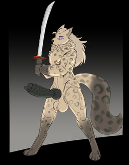 animal_genitalia anthro ball_tuft balls big_balls big_penis fluffy genitals hair holding_object holding_weapon knot long_hair male melee_weapon muscular nude penile_spines penis solo standing sword tail thick_thighs tuft weapon commanderthings felid feline mammal pantherine snow_leopard absurd_res digital_media_(artwork) hi_res