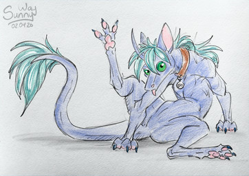 claws collar fangs female feral fluffy fur fya holidays horn male pawpads paws silly teeth tongue tongue_out sunny_way april_fools'_day ki'rinaes hi_res meme