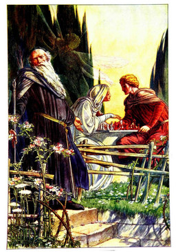 ambiguous_gender antennae_(anatomy) art_nouveau balding beard brown_hair chess_piece cloak clothing day evergreen_tree facial_hair female fence flower flying group hair insect_wings male medieval_clothing outside plant playing_chess robe spying staff steps stone_wall thorns translucent translucent_body tree wall_(structure) white_beard white_facial_hair white_hair wings wood wood_fence paul_vincent_woodroffe the_tempest william_shakespeare prospero_(the_tempest) fairy human humanoid mammal 1908 20th_century ancient_art hi_res traditional_media_(artwork)