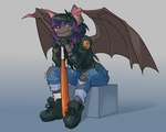 anthro bat_(object) bat_wings black_hair bottomwear brown_body brown_fur clothing denim denim_bottomwear denim_clothing ear_piercing ear_ring emblem female fingerless_gloves footwear fur gloves hair handwear highlights_(coloring) jacket jeans leather leather_clothing leather_jacket leather_topwear membrane_(anatomy) membranous_wings one_sock pants piercing purple_highlights ring_piercing shirt shoes sitting socks solo topwear torn_bottomwear torn_clothing torn_jeans torn_pants wings spiderousmenace jaina_(golddrake) bat mammal 5:4 absurd_res hi_res