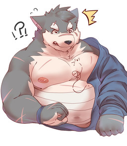 anthro belly blush eyebrows fur grey_body grey_fur interrobang male musclegut muscular nipples pecs scar solo thick_eyebrows bawp lifewonders tokyo_afterschool_summoners moritaka_(tas) arthropod canid canine canis domestic_dog fly_(animal) insect mammal