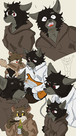 anthro black_body black_fur clothed clothing duo fur looking_at_viewer male male/male melio novha red_eyes simple_background smile solo melioodraw canid canine canis mammal wolf 9:16 digital_media_(artwork) hi_res sketch_page