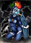 2016 absurd_res anthro anthrofied blue_body blue_feathers bodysuit breasts clothed clothing electricity equid equine eyelashes feathered_wings feathers female friendship_is_magic hair hasbro hi_res jewelry lightning looking_at_viewer mammal mouth_hold multicolored_hair my_little_pony mythological_creature mythological_equine mythology necklace neko-me patreon patreon_logo pegasus pink_eyes power_ponies_(mlp) rainbow_dash_(mlp) rainbow_hair skinsuit solo text tight_clothing url website_logo wings zapp_(mlp)