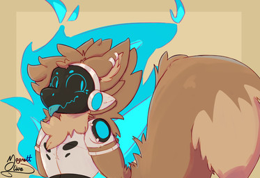 anthro blue_eyes blue_fire blue_tongue colored_fire fire fluffy fluffy_tail looking_at_viewer machine male solo tail tongue tongue_out magnettolive protogen hi_res