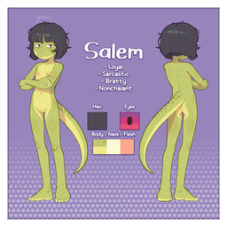 anthro black_hair border breasts female freckles front_view genitals green_body hair loli messy_hair navel nipples non-mammal_breasts non-mammal_navel non-mammal_nipples nude rear_view red_eyes short_hair small_breasts solo vulva white_border young young_female gheezz salem_(gheezz) gecko lizard reptile scalie absurd_res hi_res model_sheet