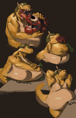 almost_fully_inside anthro armor belly big_belly body_in_mouth digestion group head_first headgear helmet male multiple_prey oral_vore overweight simple_background trio two_prey_at_once two_prey_same_hole vore yellow_body 80sarchosaur mario_bros nintendo lizard reptile scalie shyguy 2023 hi_res