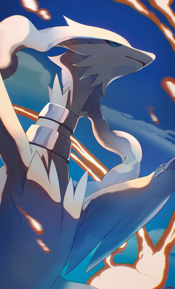ambiguous_gender blue_eyes blue_sclera blue_sky cloud colored_sclera commentary english_commentary feral outside parted_lips sky solo text kel-del nintendo pokemon generation_5_pokemon legendary_pokemon pokemon_(species) reshiram artist_name half-length_portrait hi_res portrait
