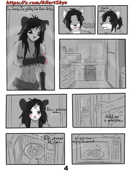 anthro black_hair black_nose clothing dialogue dirty female fur grey_body grey_fur hair pink_body pink_nose simple_background solo text white_body white_fur allartskye kia_(allartskye) skye_(allartskye) american_opossum canid canine canis mammal marsupial wolf comic hi_res url