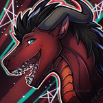 abstract_background black_hair blue_eyes dragon feral hair horn moliin mythological_creature mythological_scalie mythology open_mouth open_smile red_body red_skin scalie sharp_teeth smile solo teeth