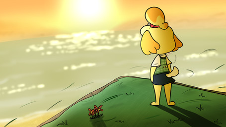 anthro barefoot beach bell_hair_tie blonde_hair blue_bottomwear blue_clothing blue_skirt bottomwear cliff clothed clothed_anthro clothed_female clothing featureless_feet feet female female_anthro floppy_ears flower fluffy_ears fully_clothed fully_clothed_anthro fully_clothed_female fur grass green_clothing green_topwear green_vest hair light lop_ears multicolored_hair orange_ears orange_hair orange_sky outside plant red_flower red_hair_tie sea shirt skirt sky solo standing sun sunset tail topwear two_tone_hair vest water white_clothing white_shirt white_topwear wind yellow_body yellow_fur yellow_tail cookieboy011 animal_crossing nintendo isabelle_(animal_crossing) canid canine canis domestic_dog mammal shih_tzu toy_dog 16:9 2018 colored digital_drawing_(artwork) digital_media_(artwork) english_description hi_res lighting shaded widescreen