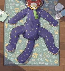 anthro blush clothing diaper floor footed_sleeper high-angle_view lying male on_back onesie pacifier pacifier_clip pawprint_pattern solo tremble_spikes wood wood_floor young skidoo max_(skidoo) ailurid mammal red_panda hi_res
