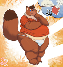 anthro belly big_belly blue_eyes book brown_body bulge clothing d6 dice humanoid_hands male musical_note musical_symbol overweight overweight_male shirt solo symbol topwear underwear white_clothing white_underwear cocoronut gulonine mammal marten mustelid musteline 2022 absurd_res hi_res