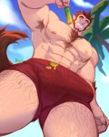 abs armpit_hair beach big_muscles big_pecs biped body_hair boxers_(clothing) bread bulge chest_tuft clothing cloud dessert detailed_bulge eyebrows fangs fluffy fluffy_tail food genital_outline hair holding_object huge_muscles huge_pecs humanoid_pointy_ears ice_cream ice_cream_on_bulge looking_at_object looming low-angle_view macro male muscular muscular_arms muscular_humanoid muscular_male navel palm_tree pecs penis_outline plant pointy_ears red_boxers red_clothing red_hair red_underwear seaside sideways-pointing_bulge sky smile solo tail teeth thick_eyebrows tree tuft underwear rosutoriano monster_prom scott_howl animal_humanoid canid canid_humanoid canine canine_humanoid humanoid mammal mammal_humanoid wolf_humanoid absurd_res digital_media_(artwork) hi_res