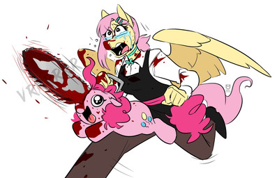 anthro anthrofied blood bodily_fluids chainsaw clothing crying duo female gore power_tool tears tools wings redxbacon chainsaw_man friendship_is_magic hasbro my_little_pony mythology fluttershy_(mlp) pinkie_pie_(mlp) equid equine mammal mythological_creature mythological_equine pegasus