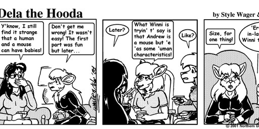 anthro breasts clothed clothed_female clothing container cup dialogue eyes_closed eyewear female furniture glasses group hair lamp sofa tea_cup text trio style_wager dela_the_hooda dela_aldershaw edith_picadelly sue_chan_(dela_the_hooda) winni_(dela_the_hooda) canid canine fox hooda human mammal mouse murid murine rodent 2001 comic english_text greyscale monochrome