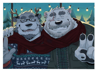 anthro beard black_pawpads blue_clothing blue_sweater blue_topwear border christmas_clothing christmas_sweater christmas_topwear claws clothing duo ear_piercing ear_ring evergreen_tree eye_scar eyebrow_slit eyebrows eyes_closed eyewear facial_hair facial_scar fake_antlers fake_horns finger_claws fur gesture glasses green_clothing green_jacket green_topwear grey_body grey_fur grey_hair hair hand_gesture holidays jacket looking_at_viewer male male/male mustache one_eye_closed outside pattern_clothing pattern_shirt pattern_topwear pawpads piercing pine_tree plaid plaid_clothing plaid_shirt plaid_topwear plant red_scarf ring_piercing scar scarf shirt smile snow string_lights sunset sweater taking_picture topwear tree v_sign waving waving_at_viewer whiskers white_body white_border white_fur winter bearwivme anothereidos_of_dragon_vein_r christmas siggy_(storiaxion) sigvaldi_(anothereidos_r) bear mammal mustelid otter polar_bear ursine 2025 hi_res