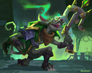 anthro boots buckteeth claws clothing crossbow detailed_background eyewear fangs fingerless_gloves footwear fur gloves goggles green_background green_body green_fur handwear holding_object holding_weapon kerchief kneeling looking_up male open_mouth open_smile ranged_weapon rat_tail sharp_teeth shoes simple_background smile solo tail teeth weapon gudoki league_of_legends riot_games tencent twitch_(lol) mammal murid murine rat rodent 2019 2024 hi_res