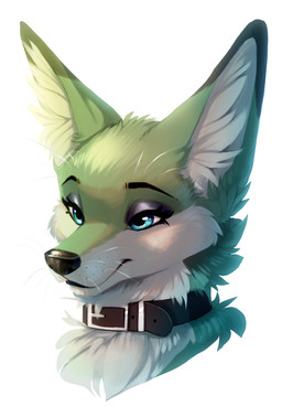 anthro big_ears black_body black_collar black_fur blue_eyes collar eyelashes eyeshadow fur green_body green_fur inner_ear_fluff makeup male multicolored_body multicolored_fur simple_background solo tuft whiskers white_background white_body white_fur white_inner_ear_fluff ruaidri gale_(ruaidri) canid canine fox mammal 2026 digital_media_(artwork) headshot_portrait portrait