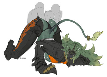 anal anal_fisting anal_penetration ass_up bodily_fluids clothing double_fisting female female_humanoid fisting green_body green_skin group headgear impact_lines larger_female larger_humanoid male male/female male_human not_furry panties penetration raised_tail size_difference smaller_human smaller_male sweat sweatdrop tail tail_tuft torn_clothing trio tuft underwear unzipped zipper liren44 asian_mythology east_asian_mythology mythology harvest_(liren44) animal_humanoid felid foo_dog human humanoid lion mammal pantherine hi_res