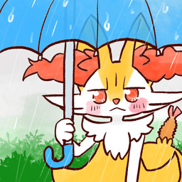 :< ambiguous_anthro ambiguous_gender anthro biped blush detailed_background food front_view holding_object holding_umbrella looking_at_viewer mouth_closed object_in_tail outside raining shrimp_(food) solo standing tail umbrella annyui0611 nintendo pokemon braixen canid generation_6_pokemon mammal pokemon_(species) 1:1 2022 digital_drawing_(artwork) digital_media_(artwork) half-length_portrait hi_res japanese_description portrait translated_description