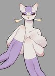 anthro big_breasts biped black_nose breasts eyelashes female front_view frown generation_5_pokemon grey_background hi_res looking_at_viewer mienshao mouth_closed multicolored_body nintendo pokemon pokemon_(species) purple_body red_eyes simple_background sirn_0121 solo white_body yellow_body