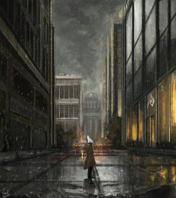 anthro biped city clothed clothing detailed_background fully_clothed fur looking_up male outside raining reflection sky solo standing topwear white_body white_fur tomtc lagomorph leporid mammal rabbit 2020 dated digital_media_(artwork) digital_painting_(artwork) hi_res painting_(artwork) shaded