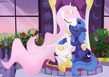 blue_body blue_feathers chair crown cuddling cutie_mark detailed_background duo eyes_closed feathered_wings feathers female feral flower furniture gold_(metal) hair headgear horn hug jewelry moon necklace pink_hair plant princess quadruped rose_(flower) royalty sitting sparkles star sun tail white_body white_feathers window wings young junglepony friendship_is_magic hasbro my_little_pony mythology princess_celestia_(mlp) princess_luna_(mlp) equid equine mammal mythological_creature mythological_equine winged_unicorn 2012 absurd_res hi_res sibling_(lore) sister_(lore) sisters_(lore)