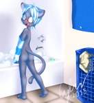 anthro bath bathroom bathtub blush bubble_bath butt caught_in_the_act clothing detailed_background embarrassed eyewear glasses looking_back male mostly_nude nerd removing_shirt shy solo undressing young young_anthro cyberblade haze_(cyberblade) felid feline mammal pantherine 2015 absurd_res hi_res