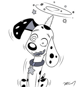 black_ears black_nose black_spots cartoon_physics collar dizzy dizzy_eyes feral fur heterochromatic_ears male solo spots star toony white_body white_fur white_spots trc001 101_dalmatian_street 101_dalmatians disney dylan_(101_dalmatians) canid canine canis dalmatian domestic_dog mammal absurd_res black_and_white hi_res monochrome