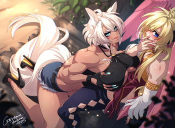 biceps big_breasts blonde_hair blue_eyes blush bodily_fluids bottomwear breast_play breasts cleavage_cutout clothing cum cum_on_breasts cutout deltoids denim denim_bottomwear denim_clothing denim_shorts eyebrows eyelashes female femboy footwear genital_fluids hair head_wings high_heels humanoid_on_humanoid kneeling looking_at_another looking_away male male/female muscular muscular_female sex shoes shorts tail tan_body tan_skin titfuck titfuck_under_clothes triceps unusual_wing_placement white_hair wings crescentia_fortuna animal_humanoid equid equid_humanoid equine equine_humanoid horse_humanoid humanoid mammal mammal_humanoid 2025 dated signature