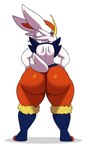 2019 ambiguous_gender anthro big_butt butt cinderace digital_media_(artwork) fur generation_8_pokemon hi_res huge_butt lagomorph looking_at_viewer looking_back looking_back_at_viewer mammal nintendo pokemon pokemon_(species) rear_view red_butt simple_background smile solo sssonic2 standing tail thick_thighs white_background white_tail wide_hips