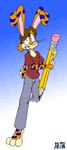 anthro bottomwear clothing fur gradient_background grey_bottomwear grey_clothing grey_pants holding_object holding_pencil male orange_body orange_fur pants pencil_(object) red_clothing red_shirt red_topwear shirt simple_background striped_body striped_fur stripes toony topwear tabbiewolf unknown_species