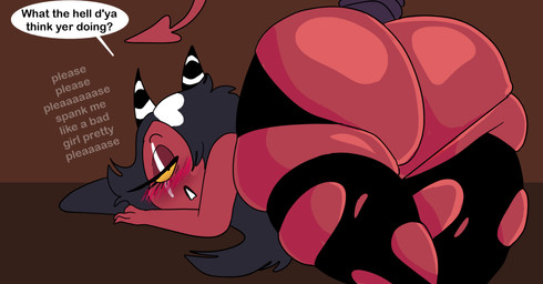 2_horns bedroom_eyes big_butt black_hair blush bubble_butt butt female hair hair_over_eye horn huge_butt long_hair narrowed_eyes presenting presenting_hindquarters red_body red_skin seductive simple_background solo spade_tail speech_bubble tail text thick_thighs wide_hips yellow_sclera waffafries hellaverse helluva_boss sallie_may_(helluva_boss) demon demon_humanoid humanoid imp english_text hi_res trans_(lore) trans_woman_(lore)