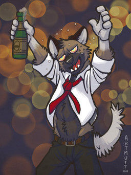 5_fingers alcohol anthro belt beverage bottomwear clothed clothing drunk fingers fur gloves_(marking) male markings necktie open_clothing open_shirt open_topwear pants shirt simple_background solo substance_intoxication tail topwear k-9 aggretsuko sanrio haida_(aggretsuko) hyena mammal spotted_hyena 2018 digital_media_(artwork) hi_res