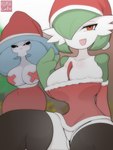 big_breasts black_clothing black_legwear black_sclera black_stockings breasts christmas_clothing christmas_headwear clothing costume duo female hat headgear headwear holidays legwear looking_at_viewer nipple_tape not_furry pasties santa_costume santa_hat smile smug stockings tape thick_thighs thong underwear wide_hips fufucatu christmas nintendo pokemon gardevoir generation_3_pokemon generation_8_pokemon hatterene pokemon_(species) hi_res