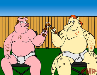 anthro beer_bottle blue_sky body_hair bottle briefs briefs_only chair chest_hair clinking_bottles clothed clothing container duo fence furniture green_grass hair half-closed_eyes hand_on_leg hand_on_thigh hat headgear headwear male monotone_briefs monotone_clothing monotone_underwear musclegut muscular narrowed_eyes navel outside red_hair scales sitting sky smile stubble tighty_whities toony topless topless_male underwear underwear_only white_briefs white_clothing white_underwear wood wood_fence y-fronts yellow_body foxmanad domestic_pig mammal suid suine sus_(pig)