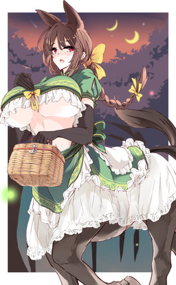 animal_ears armwear basket big_breasts black_clothing black_gloves black_handwear braided_hair braided_ponytail breasts brown_hair clothed clothed_female clothed_taur clothing container elbow_gloves female frilly frilly_clothing gloves green_clothing hair handwear holding_basket holding_container holding_object huge_breasts open_mouth ponytail solo taur_clothing under_boob white_clothing yellow_ribbon edf_(pixiv) european_mythology greek_mythology mythology centaur equid equid_taur humanoid_taur mammal mammal_taur taur absurd_res hi_res portrait three-quarter_portrait
